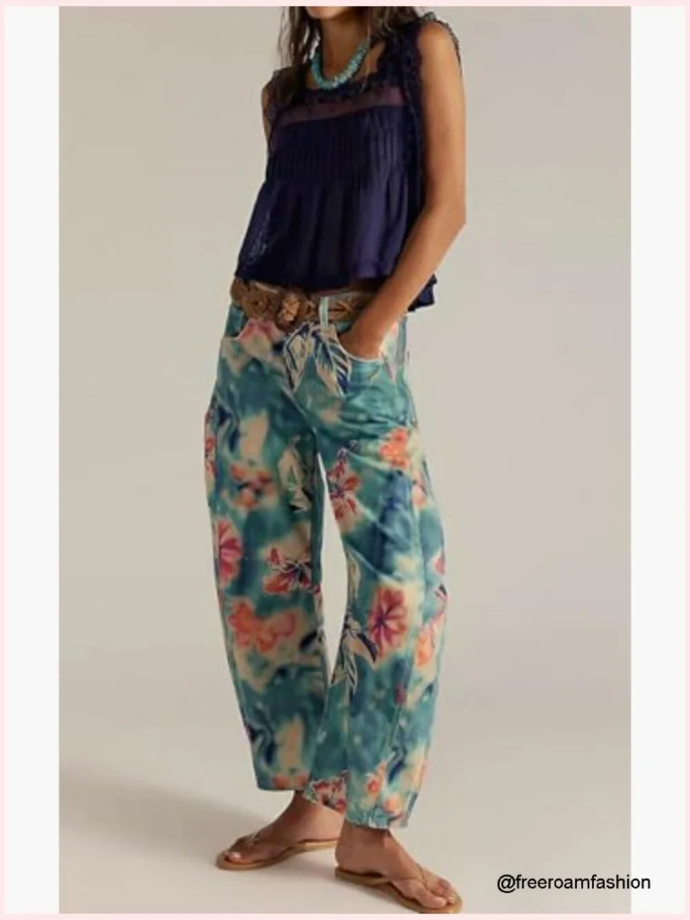 Women Boyfriend Baggy Barrel Jeans Floral Print Denim Ankle Pants Wide Leg Mid - Picture 3 of 7
